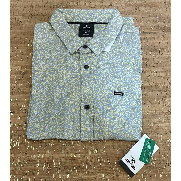 New Rip Curl Shirt Yellow Blue Print Button Up Short Sleeve Mens Size XL - Picture 1 of 7